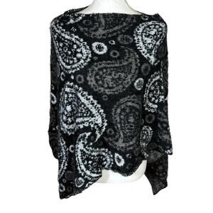 Cozy Black, Grey, White Paisley Reversible Pullover Knit Sweater Poncho OS
